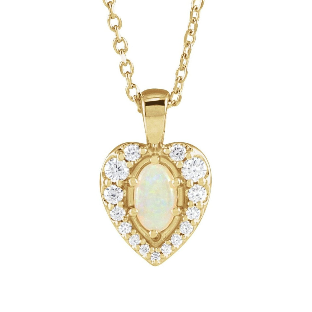 14k yellow gold natural opal halo necklace.