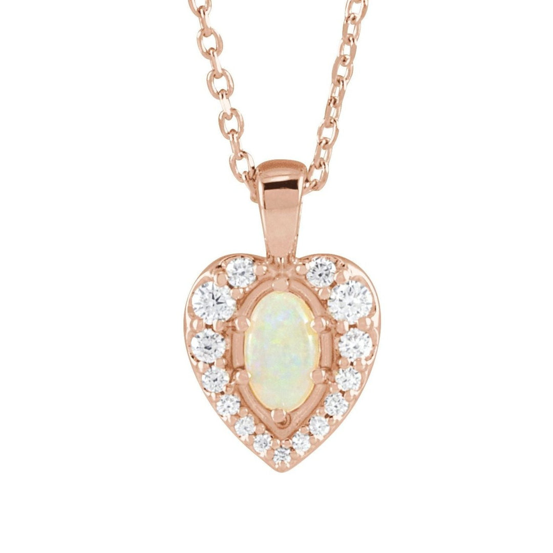 14k Natural White Opal Natural Diamond Halo Pendant or Necklace