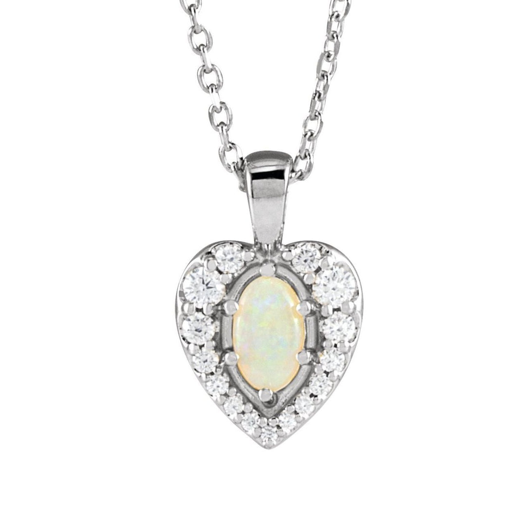 14k white gold natural opal halo necklace.