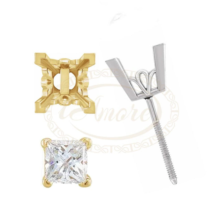 Square V-end Scroll Setting Threaded Post Stud Earring Mountings