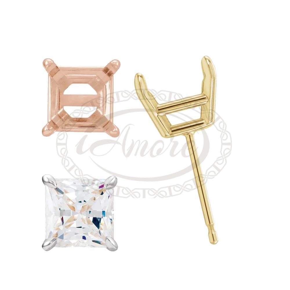 Pair Square 4 Prong Claw Pre-Notched Earring Settings