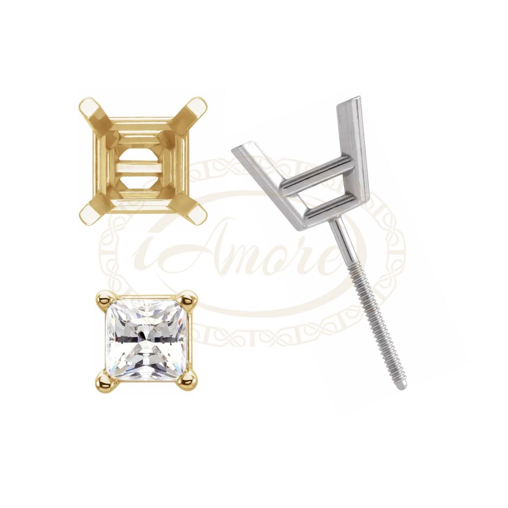 Square Threaded Stud 4-Prong Princess Basket Earring Mountings
