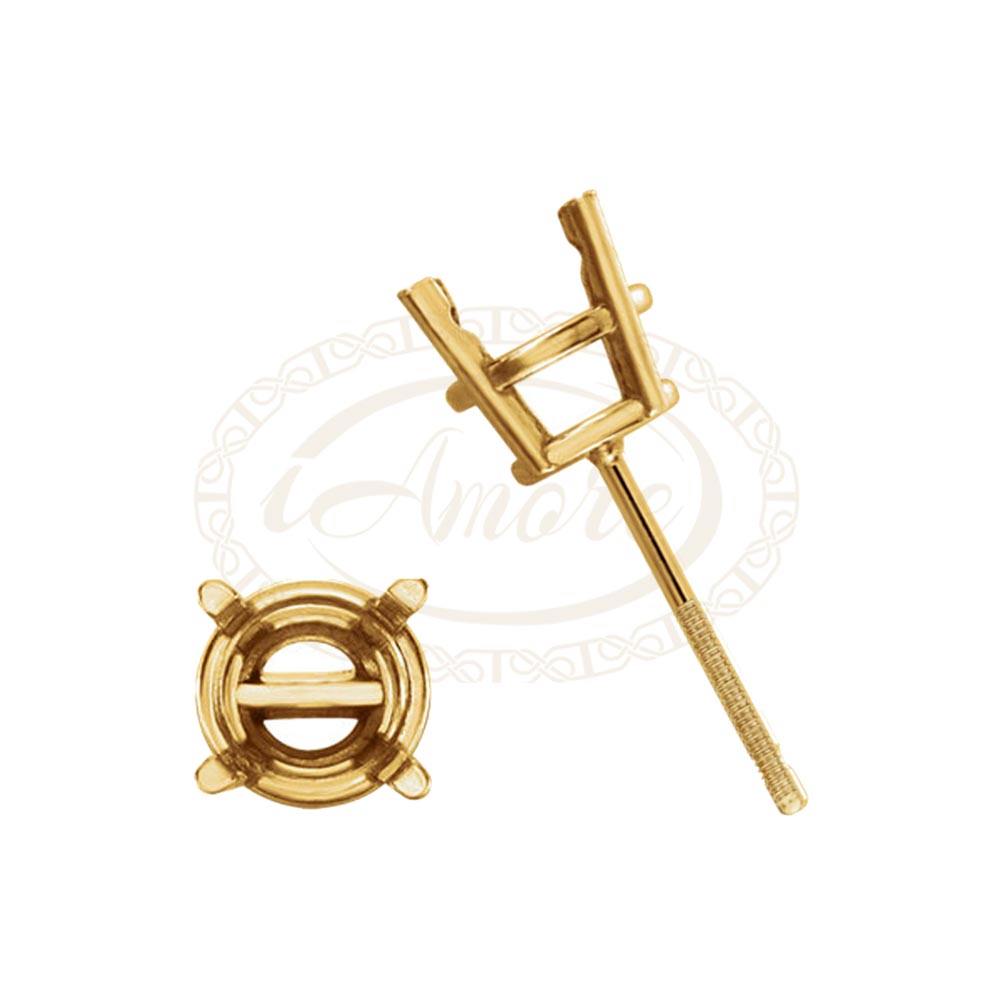 14K Gold Round Pre-Notched Basket Threaded Screw Earring Mounting
