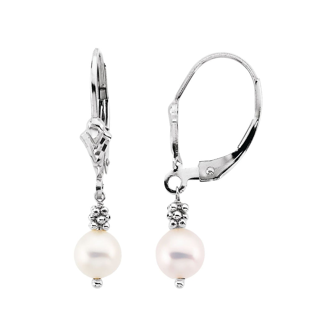 14K Yellow Gold Freshwater White Pearl Lever back Earrings Gift for Her, Wedding Jewelry