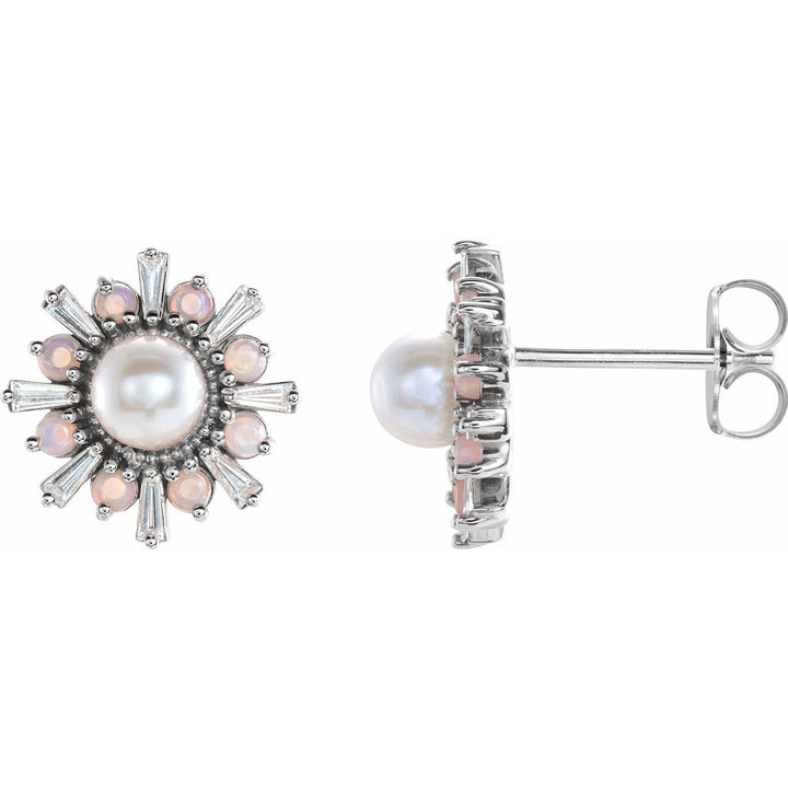 Diamond & Opal Sunburst Pearl Stud Earrings