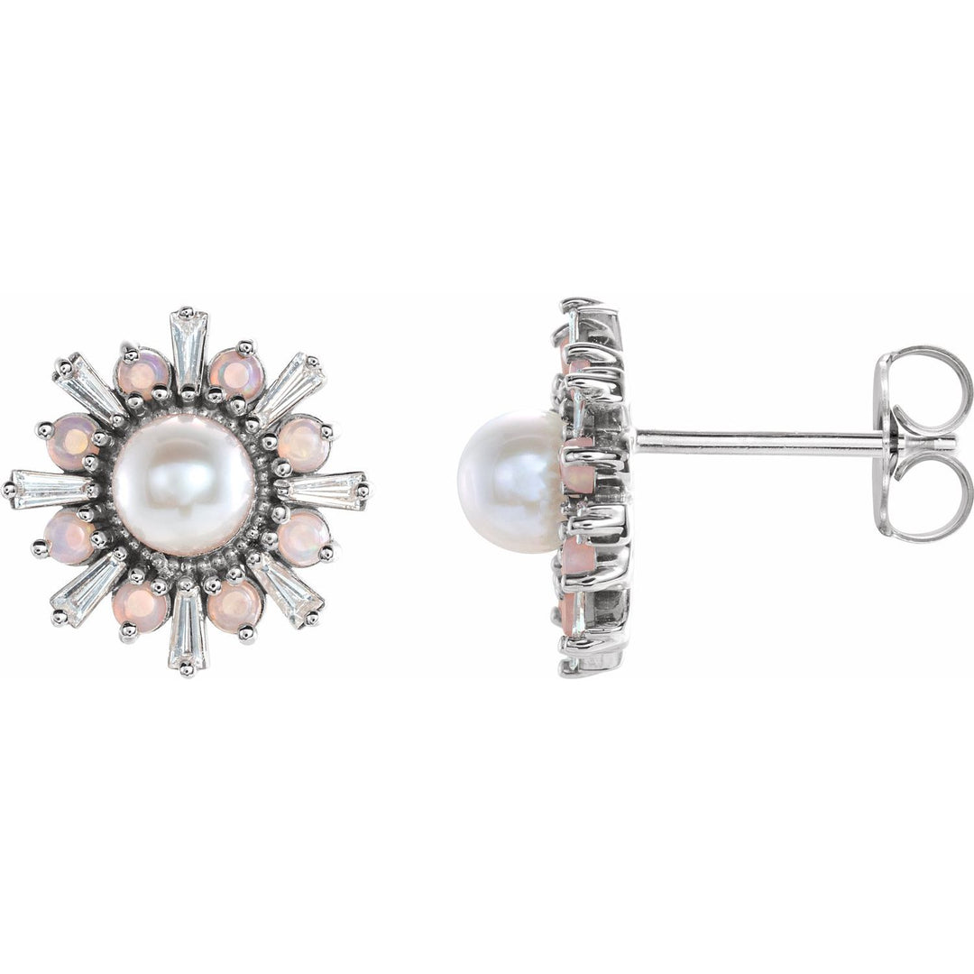 Diamond & Opal Sunburst Pearl Stud Earrings