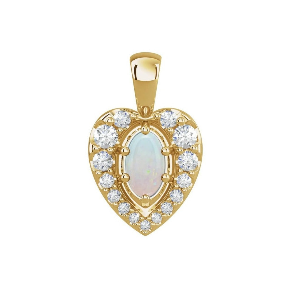 14k yellow gold natural opal halo pendant.