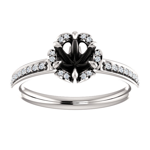 14K White Gold Floral Round Halo Engagement Ring Semi-Mounting